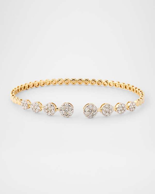 14K Yellow Gold Circle Diamond Flexible Cuff Bracelet